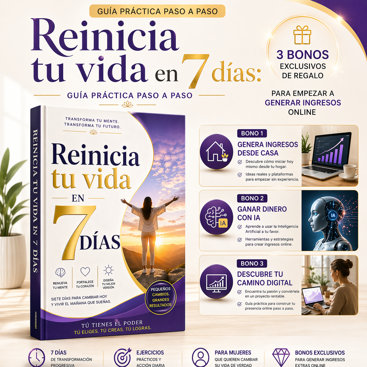 Reinicia tu vida en 7 días: guía práctica paso a paso + 3 bonos para empezar a generar ingresos online